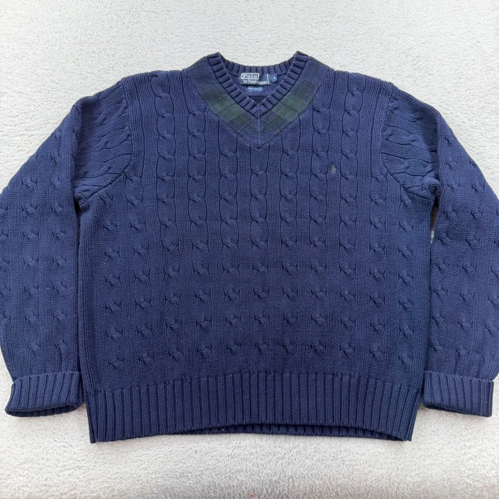 Polo Ralph Lauren Mens Navy Blue Cable Knit Cotton V-Neck Plaid Trim Sweater L